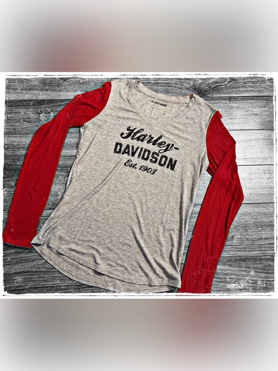 Harley-Davidson Tops - Harley-Davidson Gray Body Red Raglan Long Sleeve Tee